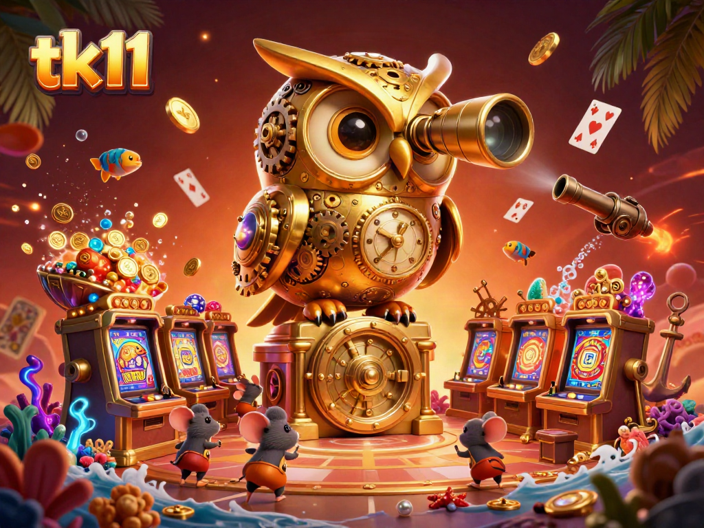 Engage in immersive game play with tk11's vibrant casino scene featuring a clockwork owl and animated characters.